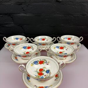 Aynsley Famille Rose Soup Bowls Coupes and Stands / Saucers Set of 6
