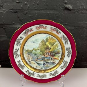 Limoges Porcelain Decorative Plate Red & Gold With Boats and Lock 10" Wide