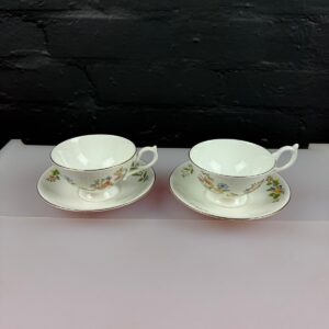 Aynsley Cottage Garden Elizabeth Footed Tea Cups and Saucers Set of 2 Gold Rims
