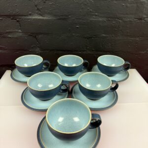 Denby Blue Jetty Tea Cups and Saucers Set of 6