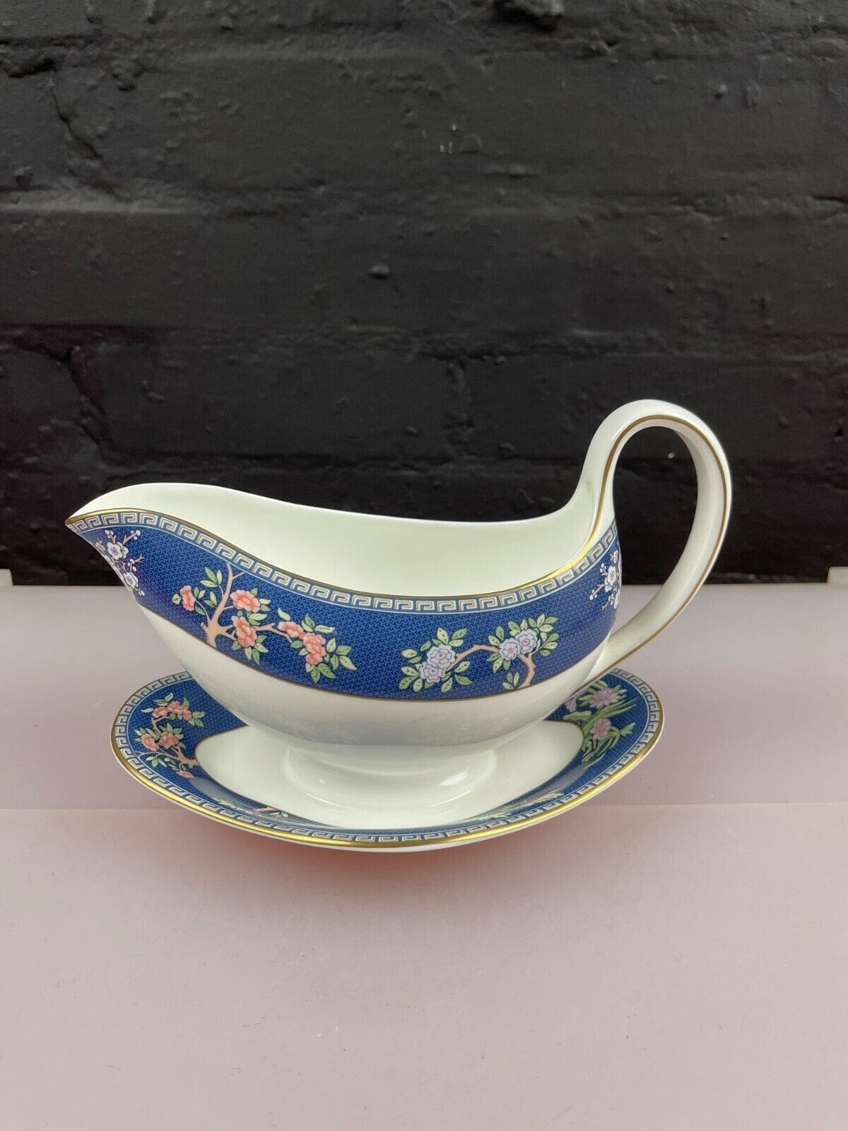 Wedgwood Blue Siam Gravy Boat / Sauce Jug and Fixed Stand / Saucer