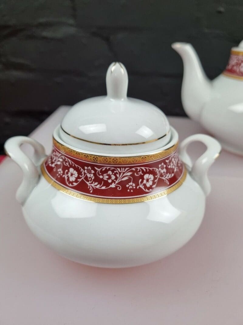 Waterside Fine China Red and Gold Teapot Jug Sugar Set No1
